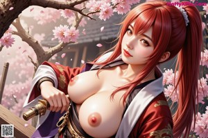 A woman in traditional attire holds a sword on a sunny path with cherry blossoms.