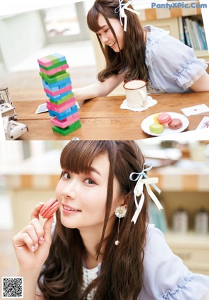 A collage of photos of a young woman with long brown hair.