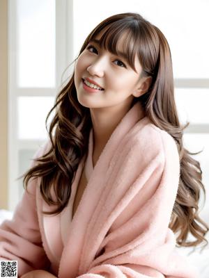 A woman in a kimono sitting on a bed.