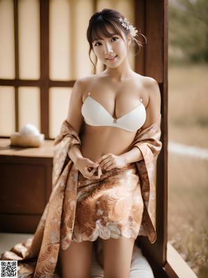 A woman with a towel wrapped around her breasts.