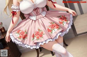 A woman in a white dress sitting on a couch.