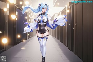 A woman with long blue hair standing on a log in the woods.