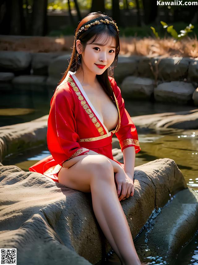 A woman in a red dress sitting on a rock by the water.