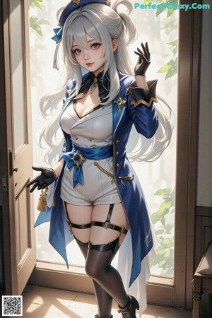 A woman with long white hair standing in front of a window.