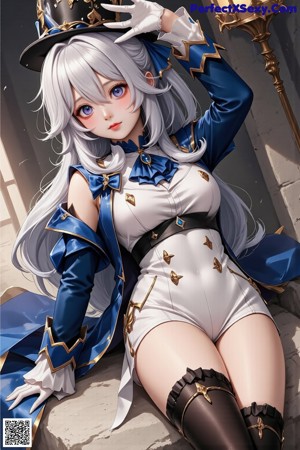 A woman in a blue and white outfit sitting on a window sill.