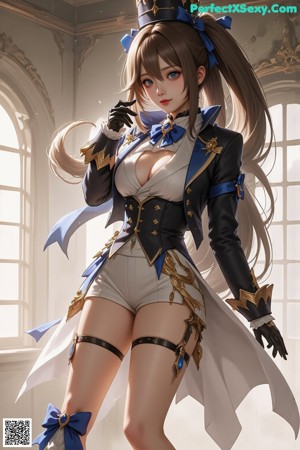 A woman in a white and blue outfit holding a gun.