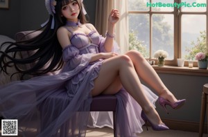 A woman with long black hair wearing a white top and purple skirt.