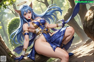 A woman with long blue hair sitting on the ground.