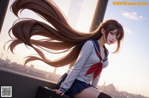 A girl in a school uniform sitting on a bed.