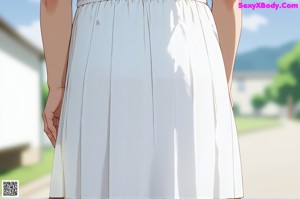 A girl in a school uniform standing in a garden.