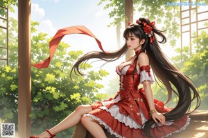 A woman in a red and black outfit is posing for a picture.