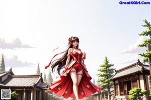 A woman in a red dress sitting on a porch.