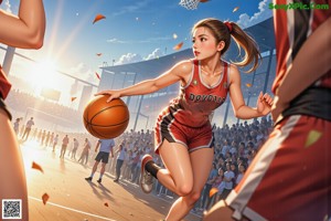 A woman in a basketball uniform dribbling a basketball on a court.