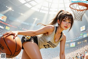 A girl holding a basketball on a basketball court.