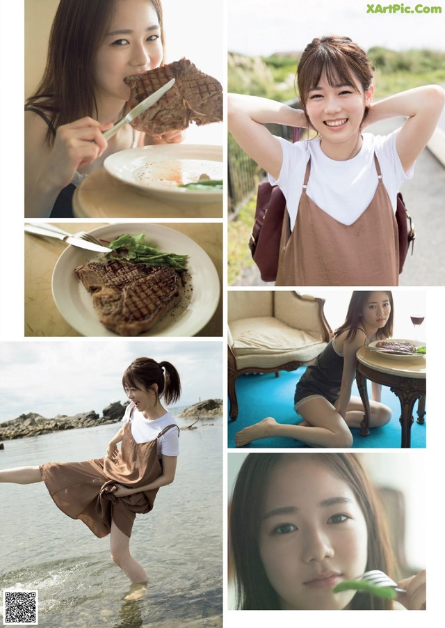 A collage of photos of a woman eating a steak.