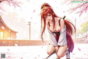 A woman in traditional attire holds a sword, standing outdoors with cherry blossoms and traditional architecture.