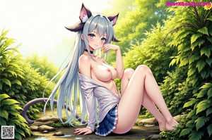 A naked anime girl sitting on a wooden bench.