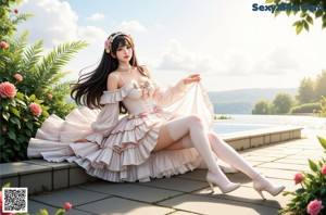 a woman in a white dress and stockings posing for a picture
