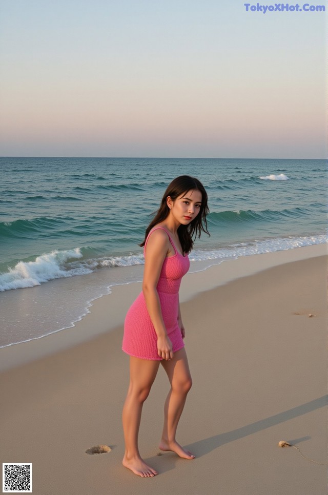 A woman in a pink dress standing on a beach.