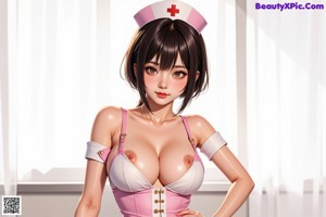 A woman in a pink nurse outfit sitting on a bed.