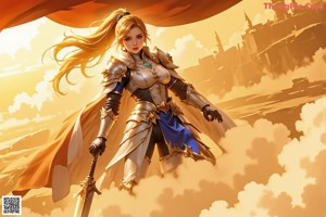 A woman in armor holding a sword in front of a building.