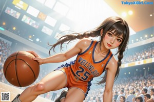 A girl in a basketball uniform holding a basketball on a court.