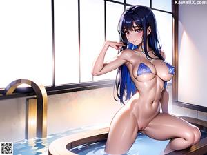 A naked anime girl with long purple hair is sitting on a bench.