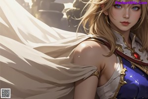 A woman in a blue and gold outfit holding a sword.