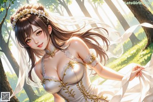 A woman in a wedding dress standing in the woods.