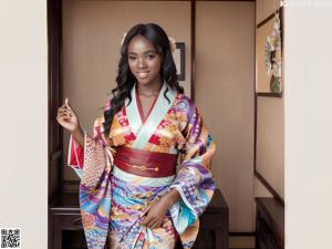 A woman in a purple and gold kimono posing for a picture.