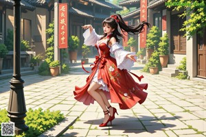 A woman in a red and white dress is walking in the woods.
