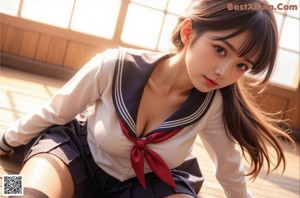 A woman in a school uniform sitting on the ground.