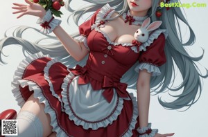 A woman in a red and white dress and a bunny hat.