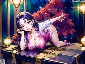 A woman in a purple kimono standing in front of lanterns.