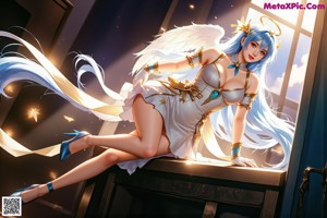 A woman with long blue hair wearing a blue and white outfit.