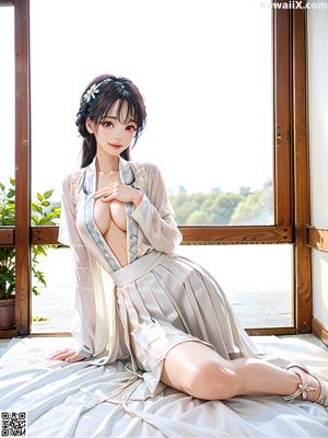 A woman in a kimono sitting on a bed next to a laptop computer.
