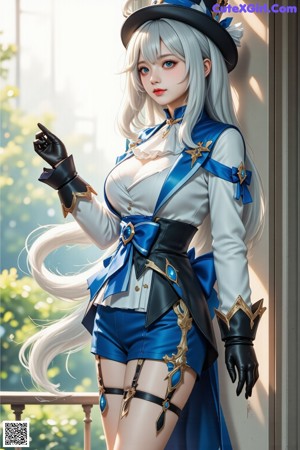 A woman in a white and blue outfit with a crown on her head.