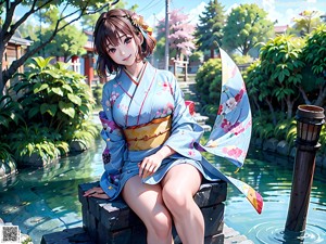 A woman in a blue kimono sitting on a bench.